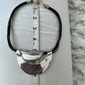 Silver-Tone Modernist Crescent Pendant Necklace Black Multi-Strand Cord